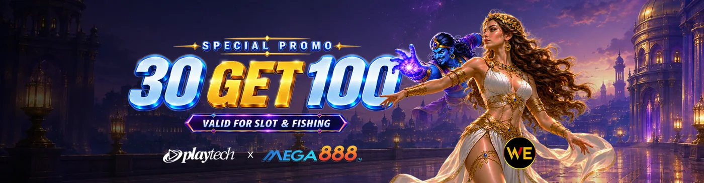 WeClub welcome bonus banner: deposit RM30 and get RM100 to play Playtech and Mega slots and fishing games
